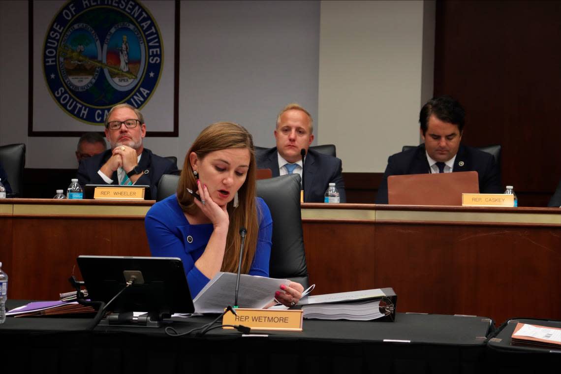 State Rep. Spencer Wetmore expresses her opposition to the proposed abortion ban in the South Carolina House Judiciary Committee, Tuesday, Aug. 16, 2022 in Columbia, S.C. (AP Photo/James Pollard)