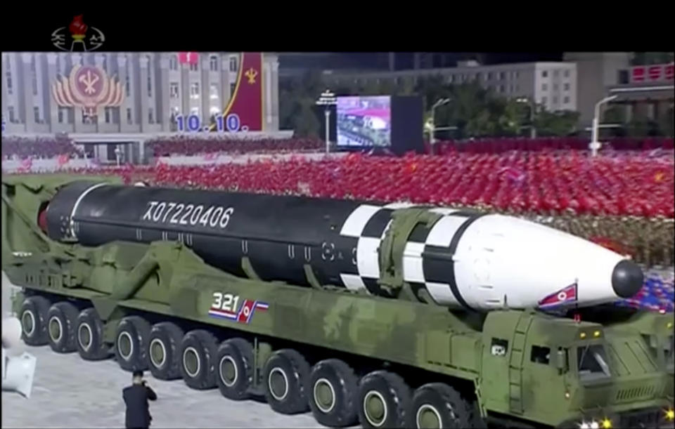 This image made from video broadcasted by North Korea's KRT, shows a military parade with what appears to be possible new intercontinental ballistic missile at the Kim Il Sung Square in Pyongyang, Saturday, Oct. 10, 2020. North Korean leader Kim Jong Un warned Saturday that his country would “fully mobilize” its nuclear force if threatened as he took center stage at a massive military parade to mark the 75th anniversary of the country’s ruling party. (KRT via AP)