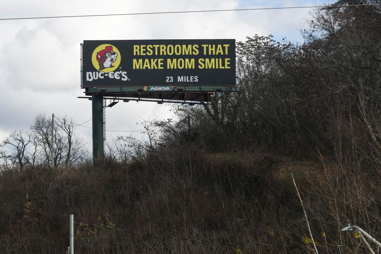 A Buc-ee's billboard reads "Restrooms That Make Mom Smile" on Interstate 40 in Tennessee on Thursday, Dec. 28, 2023.