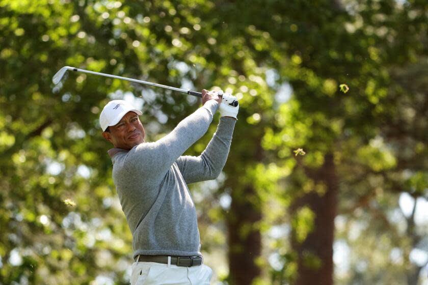 Tiger Woods hits from the fourth tee during the second round the Masters at Augusta National Golf Club on Friday.