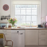 kitchen in the airbnb with a pink fridge