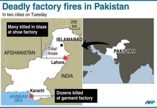 Map locating deadly factory fires in the Pakistan cities of Karachi and Lahore, on Tuesday, which have left scores of people dead