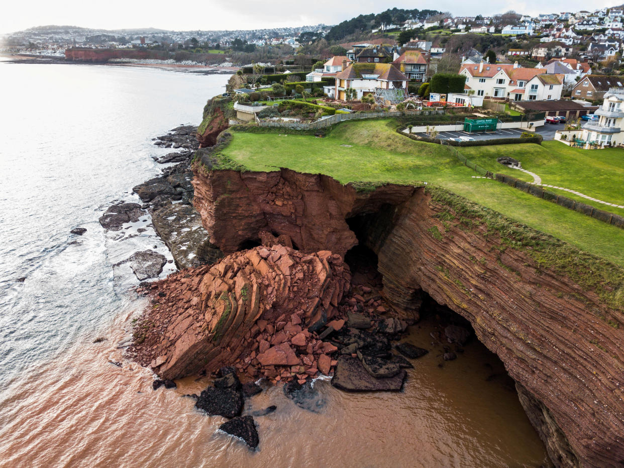 A cliff fall at Livermead cliff in Torquay, 29/01/2020  See SWNS story SWPLcliff. A huge cliff has fallen into the sea off the Devon coast. Drone photos show the dramatic scene at Livermead. It's understood the incident happened at some point yesterday. Torbay Council and the Harbour Authority took to Twitter to warn people about the collapse. 