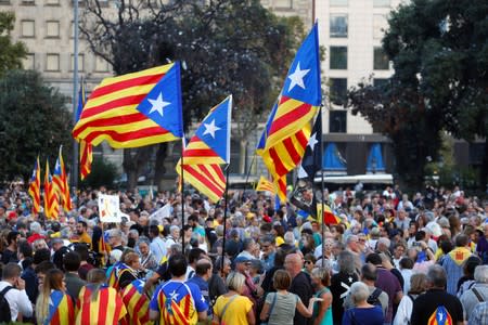 Supporters of Catalonia's independence take part in a protest to mark the second anniversary of the October 1st illegal referendum of independence in Barcelona