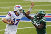 Buffalo Bills quarterback Josh Allen (17) is pushed out of bounds by New York Jets free safety Marcus Maye (20) during the first half of an NFL football game in Orchard Park, N.Y., Sunday, Sept. 13, 2020. (AP Photo/John Munson)