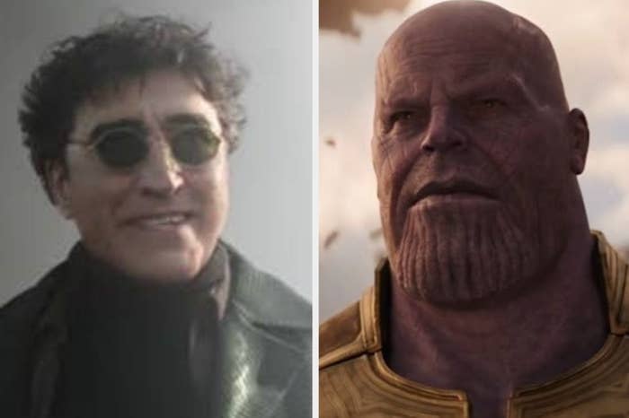 Doc Ock smiling in "Spider-Man: No Way Home"/Thanos, having arrived on Titan, in "Avengers: Infinity War"