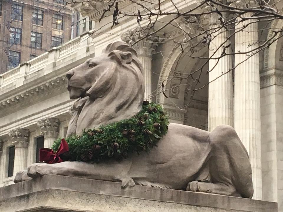 Patience and Fortitude, the lions in front of the New York Public Library, wear wreaths for the holiday season.