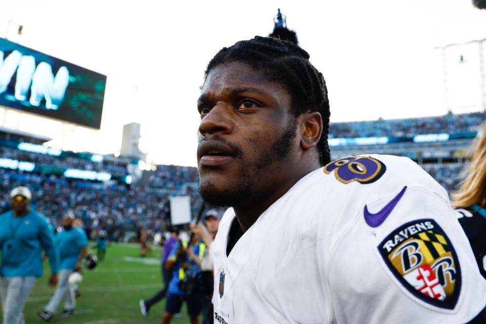 Baltimore Ravens quarterback Lamar Jackson (8) looks on after losing to the Jacksonville Jaguars at TIAA Bank Field.