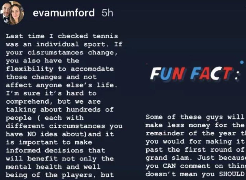 Seen here, Eva Mumford's scathing Instagram response to Sam Groth.