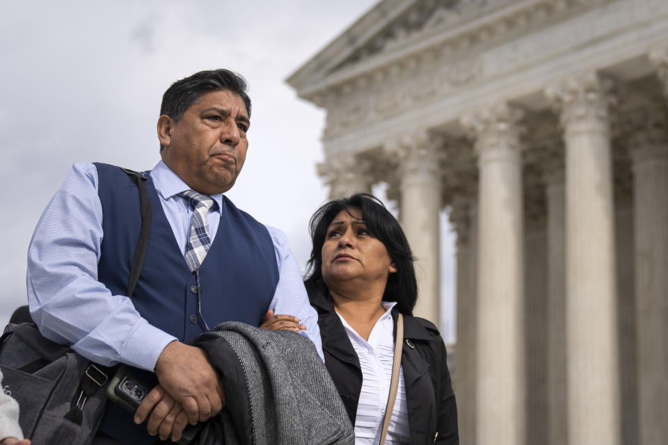 WASHINGTON, DC - FEBRUARY 21: (L-R) Jose Hernandez and Beatriz Gonzalez, stepfather and mother of  Nohemi Gonzalez, who died in a terrorist attack in Paris in 2015, arrive to speak to the press outside of the U.S. Supreme Court following oral arguments in Gonzalez v. Google February 21, 2023 in Washington, DC. Oral arguments took place today in Gonzalez v. Google, a landmark case about whether technology companies should be liable for harmful content their algorithms promote. (Photo by Drew Angerer/Getty Images)