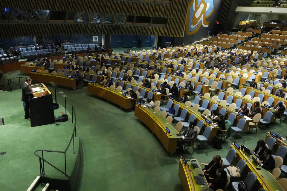 North Korea's UN Ambassador Song Kim addresses the 78th session of the United Nations General Assembly, Tuesday, Sept. 26, 2023. (AP Photo/Richard Drew)