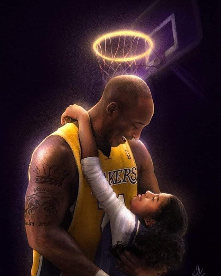 Gianna embraces her father, Kobe, as they share a moment of laughter under a basketball hoop in disguise of a halo. (Credit: heyheyandre_art/Instagram)