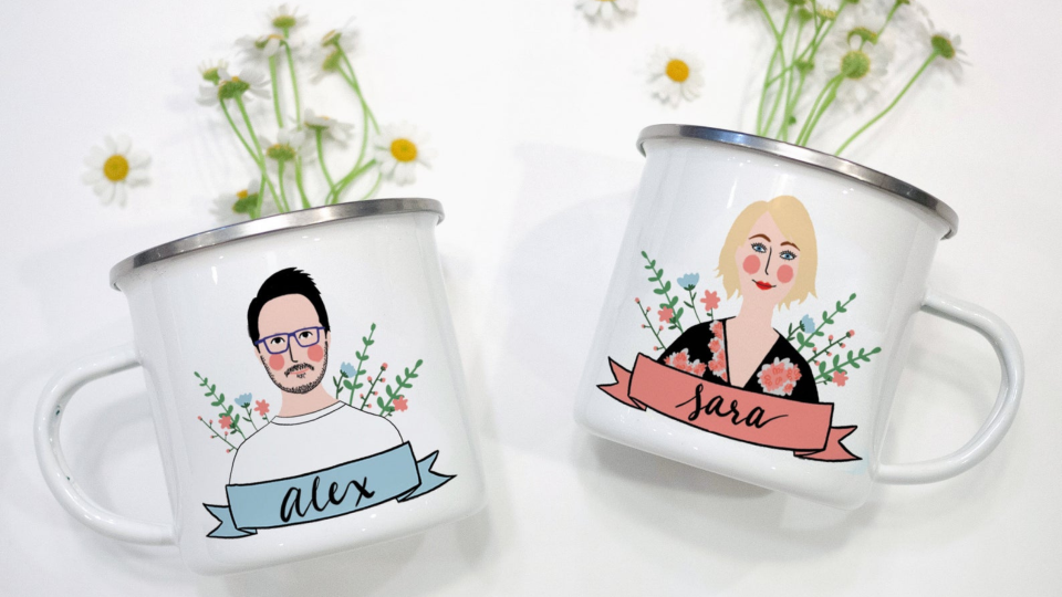 Best personalized gifts: AvonnieStudio Couple Portrait Mug Set