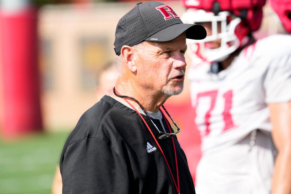 Rutgers Offensive Line Coach, Pat Flaherty, is shown during practice, at the Marco Battaglia Practice Complex, in Piscataway. Thursday, August 17, 2023