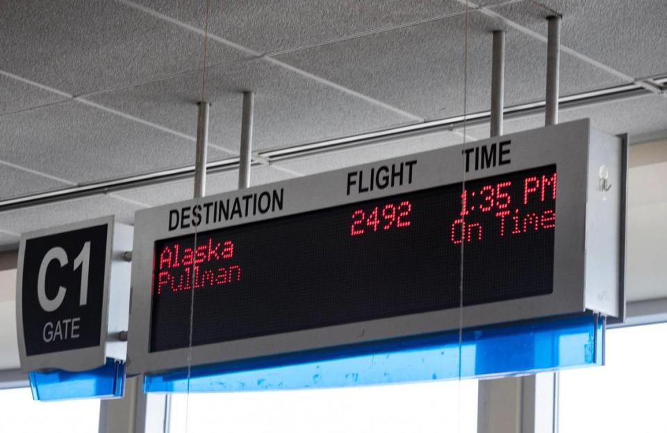 A sign indicates the status of the intrastate flight to Pullman at the Boise Airport on Wednesday, Jan. 5, 2022. The Boise Airport has a list of five destinations it is prioritizing for future routes, including Orlando, Honolulu, New York City-area airports, Boston and Anchorage, plus Idaho intrastate airports.