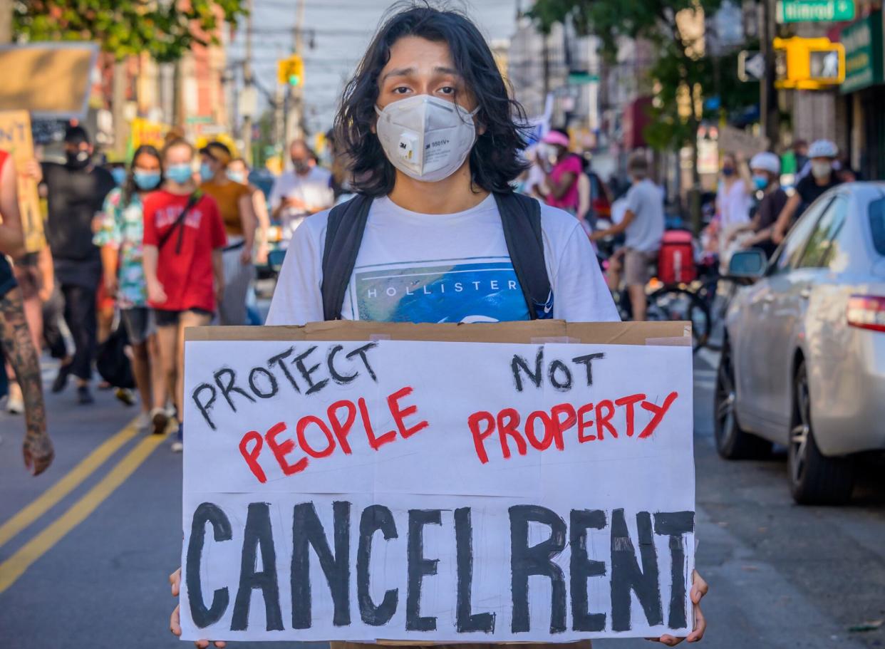 Tenants and housing activists gather for a rally and march in Brooklyn&#39;s Bushwick neighborhood, demanding that city administrators cancel rent immediately as the financial situation for many New Yorkers remains dire amid the coronavirus pandemic.