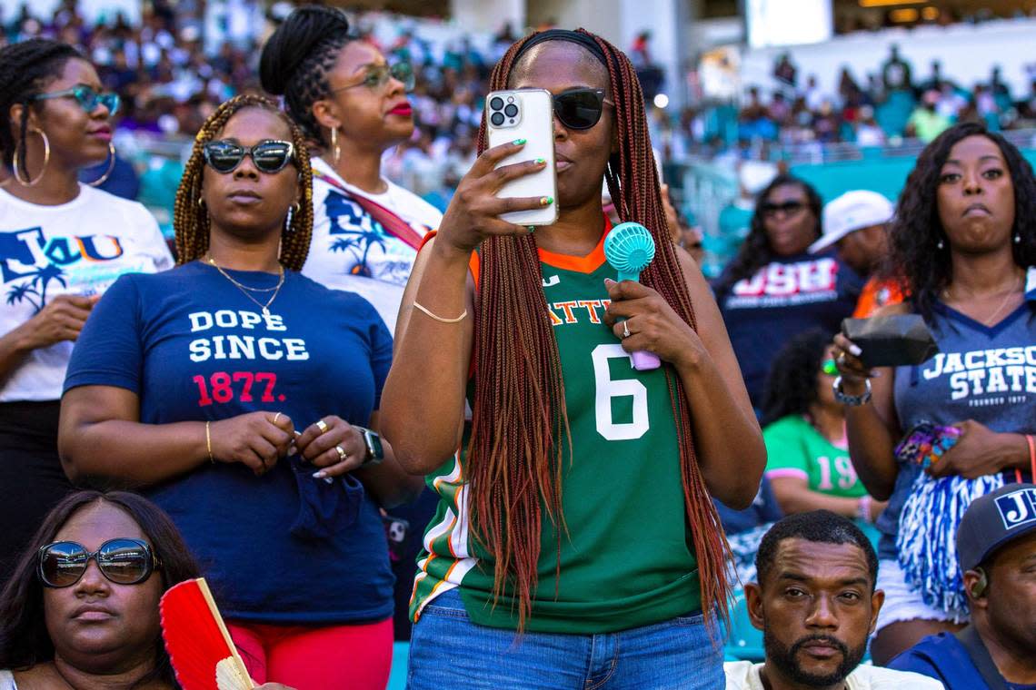 A Florida A&M University fan wears a FAMU LeBron James basketball jersey during the Orange Blossom Classic against Jackson State University at Hard Rock Stadium in Miami Gardens, Florida, Sunday, September 4, 2022. In March 2021, Nike and FAMU agreed to a partnership that outfitted all 14 sports programs and the Marching 100 band with James’ logo.
