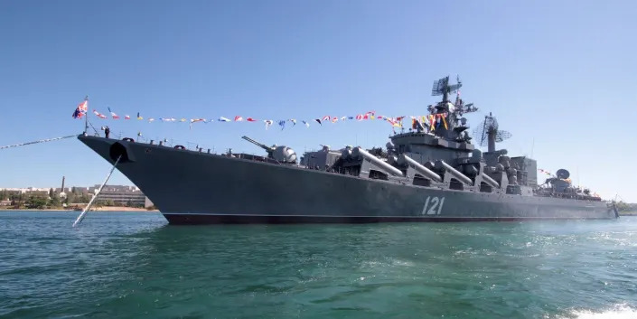 The Russian missile cruiser "Moskva" moored on a sunny day in 2013 in Sevastopol
