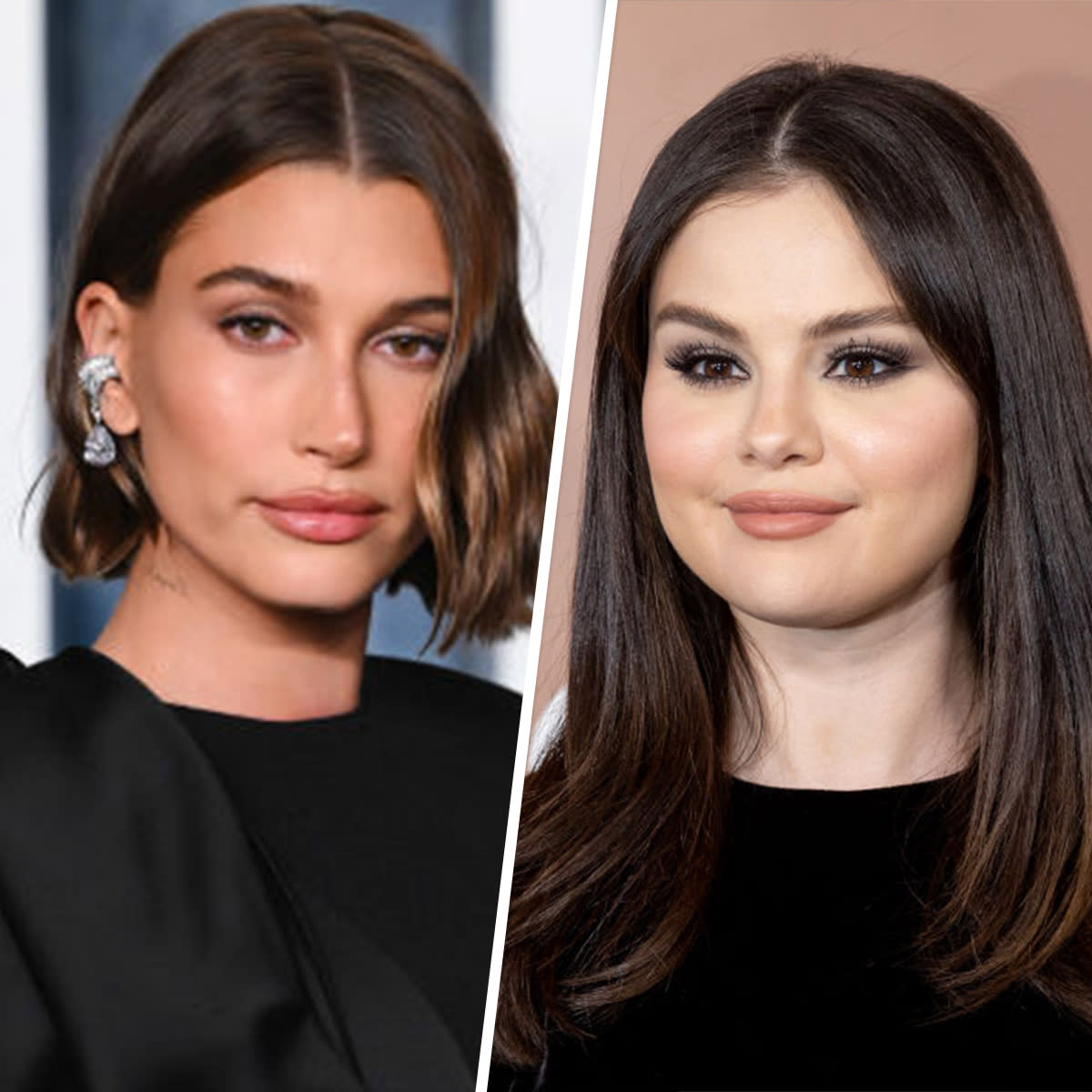 Hailey Bieber, left, thanked rumored rival Selena Gomez, right, for calling out fans who have harassed Bieber online. (Karwai Tang / Contributor / 	Emma McIntyre / Staff / Getty Images)
