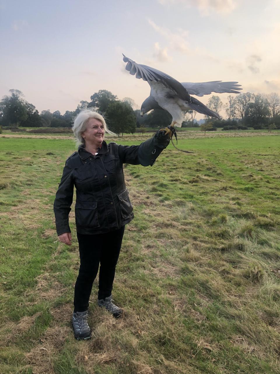 Teresa with a falcon outside in the field.