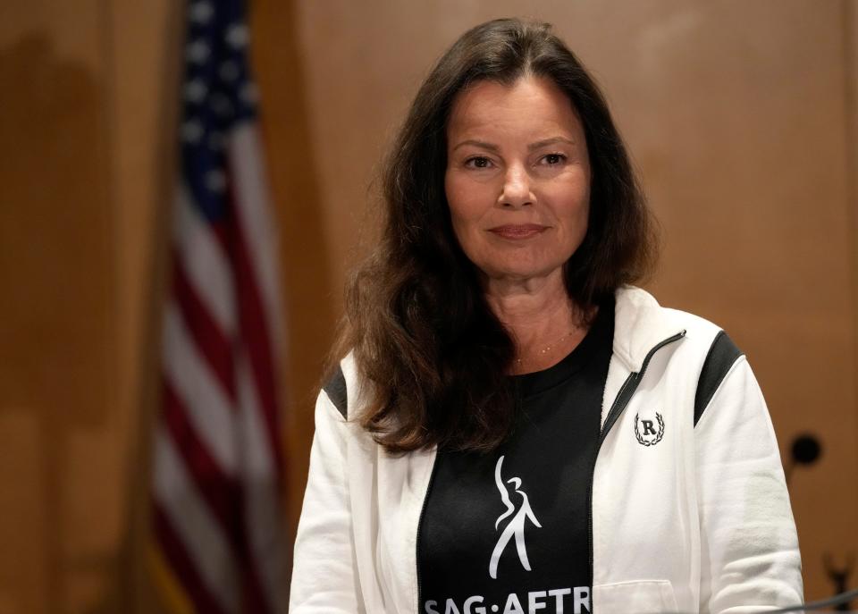 SAG-AFTRA President Fran Drescher at a press conference announcing the actors' strike on July 13, 2023 in Los Angeles.