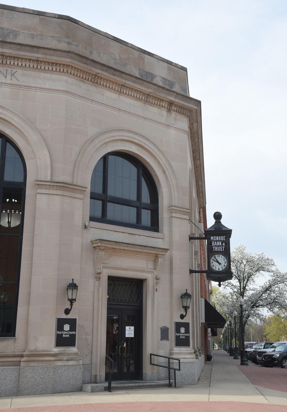 First Merchants Bank's downtown banking center will relocate across the street to 10 Washington St., remaining in downtown Monroe. The iconic clock will stay where it is.