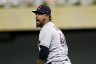 Cleveland Guardians relief pitcher Emmanuel Clase celebrates after the Guardians defeated the Minnesota Twins in a baseball game Wednesday, June 22, 2022, in Minneapolis. (AP Photo/Andy Clayton-King)
