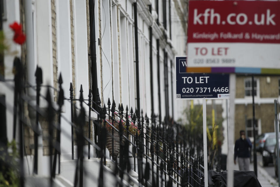 To Let signs stand next to a properties in west London, Tuesday, Aug. 2, 2016. A new study has found that the proportion of people owning their homes in England has fallen to its lowest level in thirty years and that soaring prices have forced millions to abandon the dream of home ownership, with parts of northern and central England becoming increasingly unaffordable. (AP Photo/Alastair Grant)