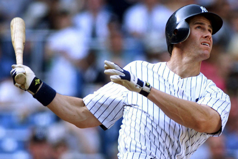 FILE - New York Yankees' Paul O'Neill watches his home run in the 10th inning of the Yankees 4-3 defeat of the Boston Red Sox at New York's Yankee Stadium, Sunday, April 22, 2001. O'Neill's No. 21 will be retired by the New York Yankees — on Aug. 21. The Yankees said Tuesday, Feb. 22, 2022, that they will hold Paul O'Neill Day ceremonies before that day's game against Toronto _ assuming the lockout ends and the 2022 season is played.(AP Photo/Jeff Zelevansky, File)