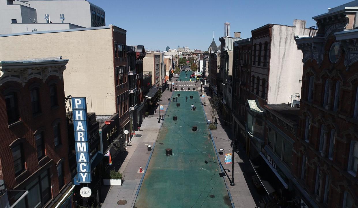 Drone photo showing a desolate Newark avenue in downtown Jersey City on Tuesday, April 28, 2020. 