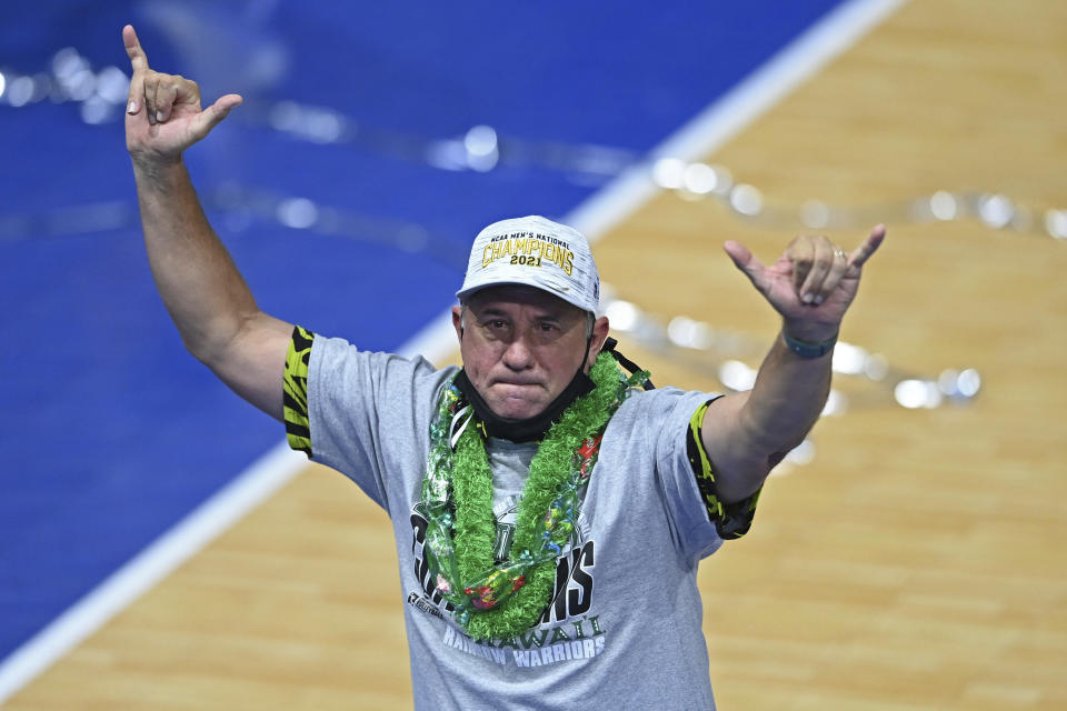 Hawaii head coach Charlie Wade celebrates after Hawaii defeated BYU in the final of the NCAA men's volleyball tournament Saturday, May 8, 2021, in Columbus, Ohio. (AP Photo/David Dermer)