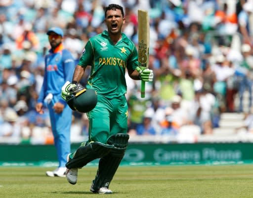 Pakistan's Fakhar Zaman celebrates reaching his hundred in the 2017 Champions Trophy final against India