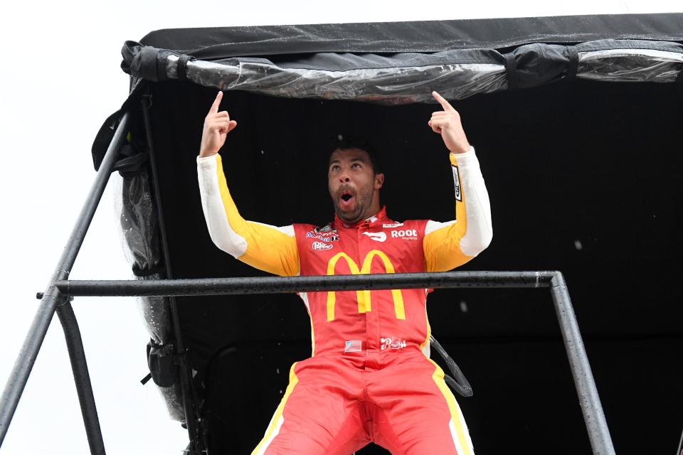 Oct. 4: Bubba Wallace celebrates after he was announced the winner of the YellaWood 500 at Talladega Superspeedway.