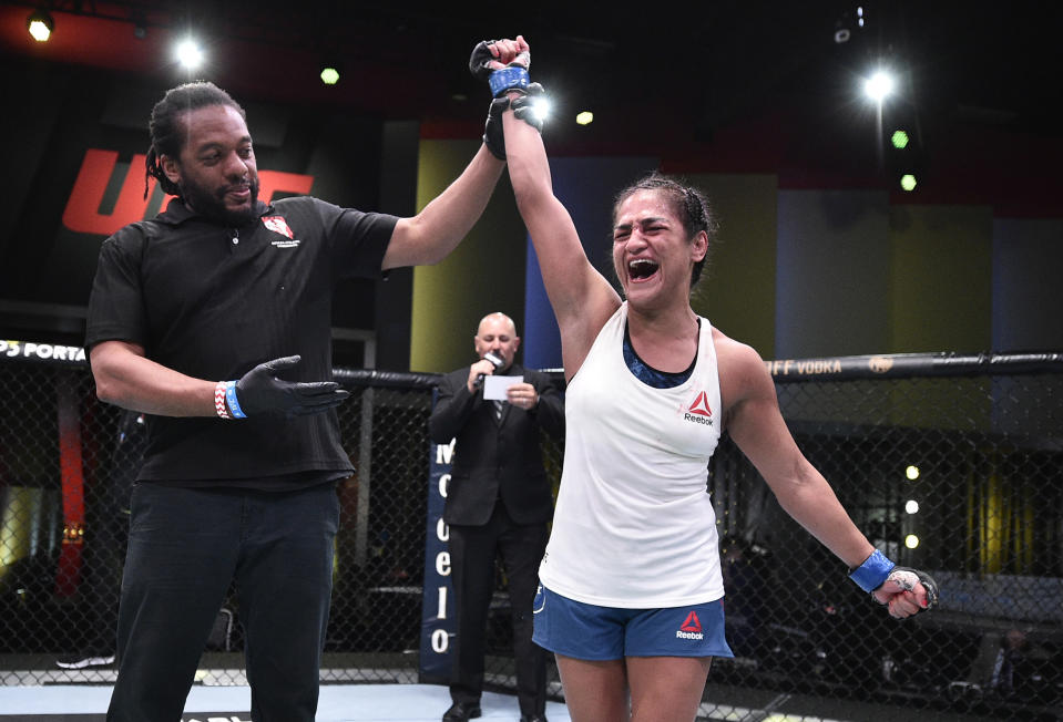 LAS VEGAS, NEVADA - JUNE 13: Cynthia Calvillo reacts after her decision victory over Jessica Eye in their flyweight fight during the UFC Fight Night event at UFC APEX on June 13, 2020 in Las Vegas, Nevada. (Photo by Chris Unger/Zuffa LLC)