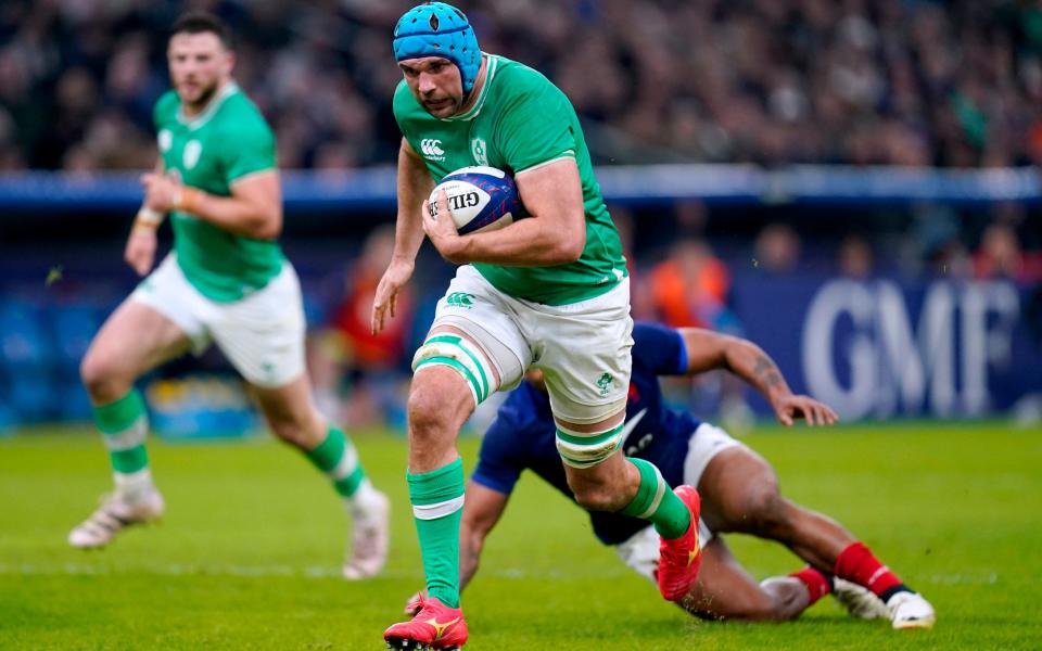 Ireland's Tadhg Beirne on their way over to score their side's second try of the game during the Guinness Six Nations match at the Orange Velodrome in Marseille