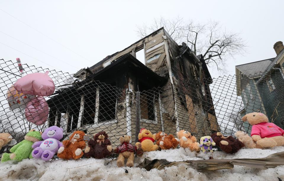 The memorial outside the house at 222 N. LaPorte Ave. is growing Wednesday, Jan. 24, 2024, after Sunday’s fire where five children died inside the home.