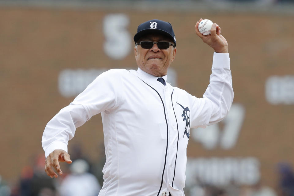 FILE - Former Detroit Tigers pitcher Guillermo "Willie" Hernández throws out the ceremonial first pitch before a baseball game against the Kansas City Royals, Thursday, April 4, 2019, in Detroit. Three-time All-Star relief pitcher Hernández, who won the 1984 Cy Young and Most Valuable Player awards as part of the World Series champion Detroit Tigers, has died. He was 69. (AP Photo/Carlos Osorio, File)