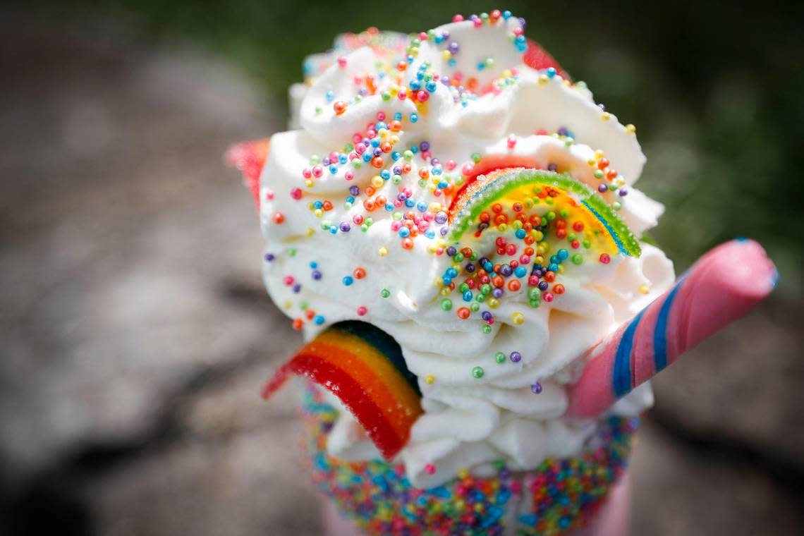 The Unicorn Cattywampus Milkshake made with Blue Bell Pink Thing ice cream and topped with sprinkles, gummy straws and belts, whipped cream and a cupcake at Sweet Matriarch Bakery in Georgetown, Ky., Saturday, Aug. 15, 2020.