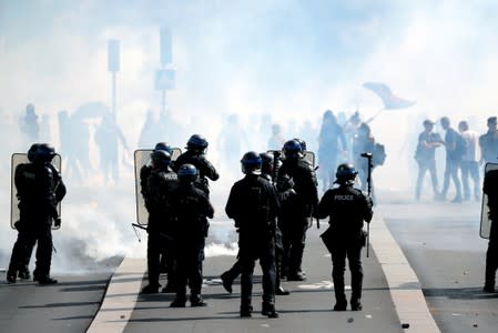 Tear gas floats in the air as protesters clash with French riot police during a demonstration on Act 44 (the 44th consecutive national protest on Saturday) of the yellow vests movement in Nantes