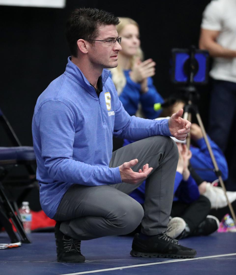 Stillwater wrestling coach Coach Ethan Kyle during the dual state wrestling tournament finals at Stride Bank Center in Enid, Okla., Saturday, Feb. 11, 2023. 