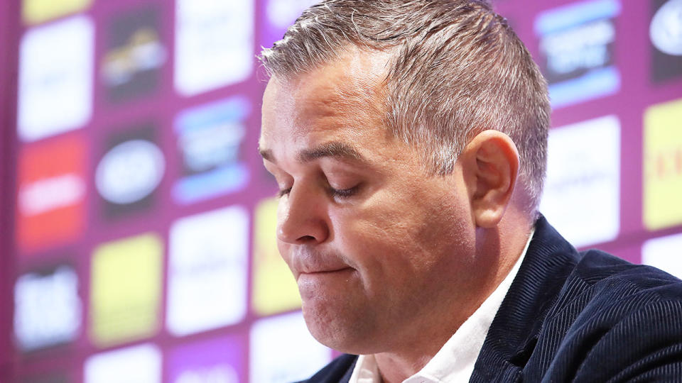 Pictured here, Anthony Seibold at his final Brisbane Broncos press conference.