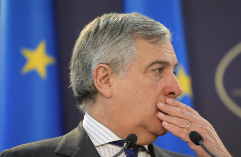 European Parliament President Antonio Tajani gestures during joint press statements with Romanian Prime Minister Viorica Dancila at the Victoria Palace in Bucharest, Romania, Wednesday, Nov. 21, 2018. (AP Photo/Vadim Ghirda)