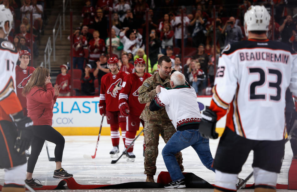 <p>during the NHL game at Gila River Arena on April 11, 2015 in Glendale, Arizona. </p>