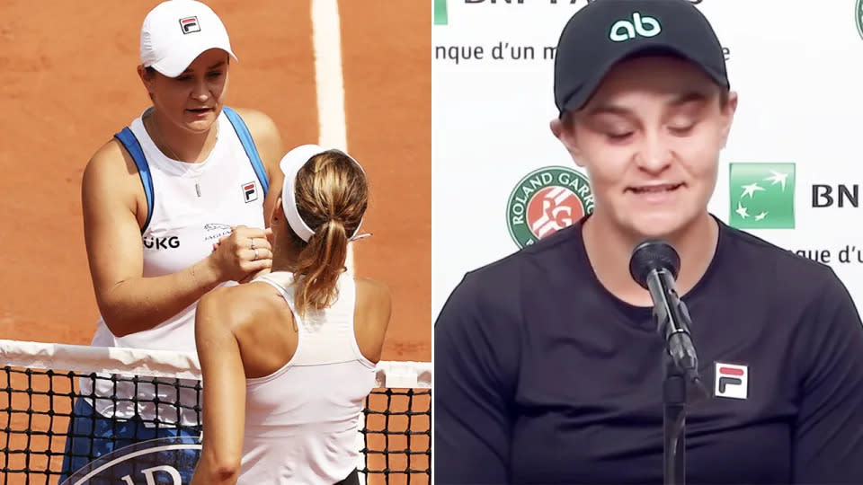 Ash Barty is seen here speaking after she withdrew from the French Open with injury.