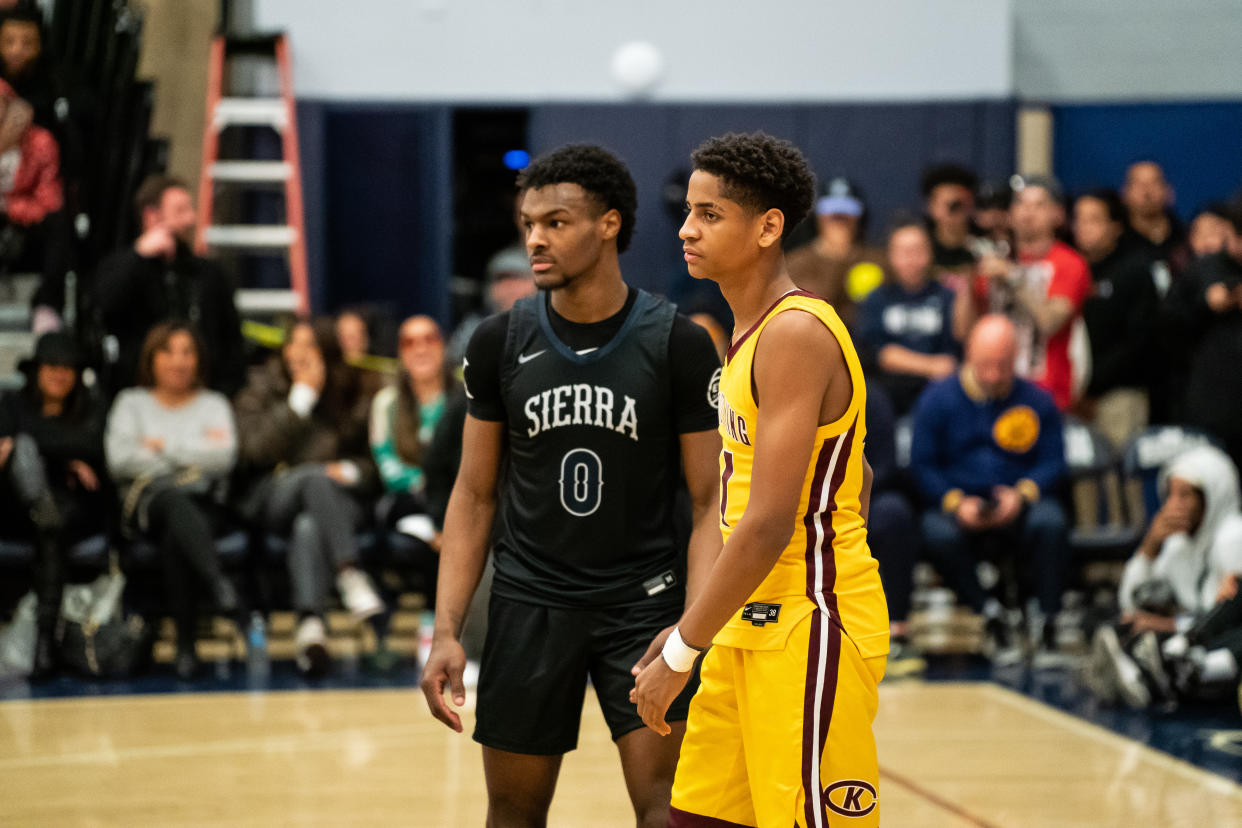 CHATSWORTH, CALIFORNIA - DECEMBER 12: Bronny James #0 plays against Kiyan Anthony #11 at the Sierra Canyon vs Christ The King boys basketball game at Sierra Canyon High School on December 12, 2022 in Chatsworth, California. (Photo by Cassy Athena/Getty Images)