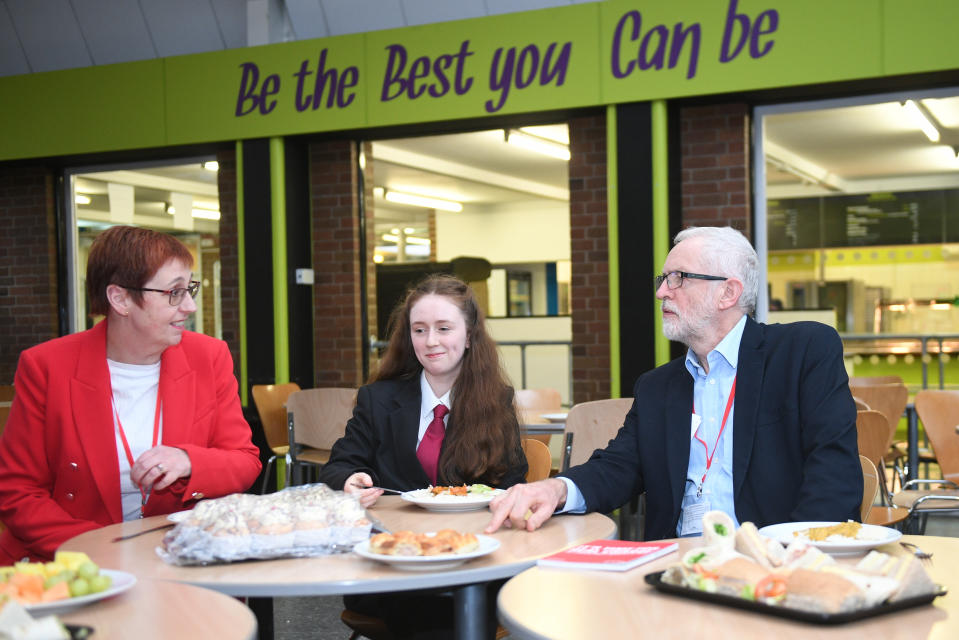 Labour leader Jeremy Corbyn joins students and teachers for a school dinner at Bilton High School in Rugby, while on the General Election campaign trail.