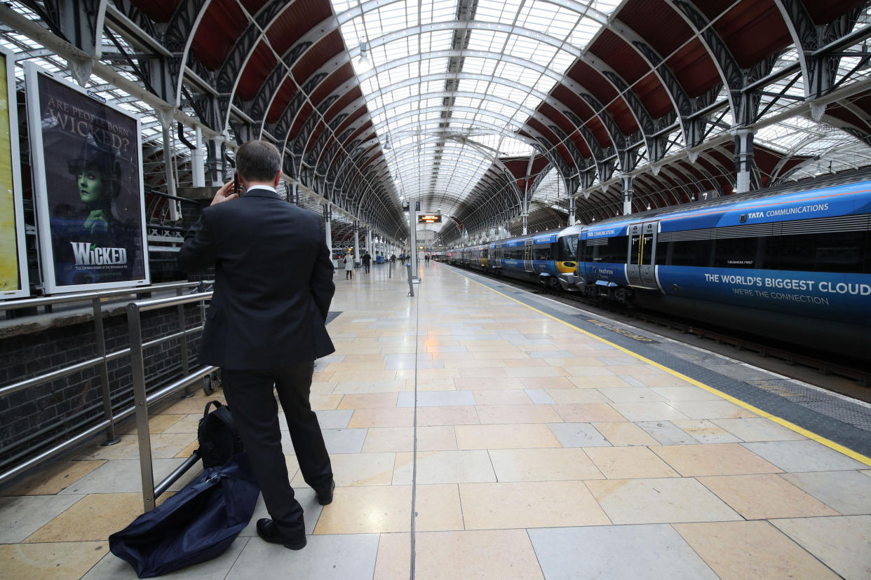 Travellers at Paddington Station, London as trains are unable to run between the railway hub and Slough or Heathrow Airport after overhead electric wires were &quot;severely&quot; damaged at Ealing on Tuesday night. (Photo by Yui Mok/PA Images via Getty Images)