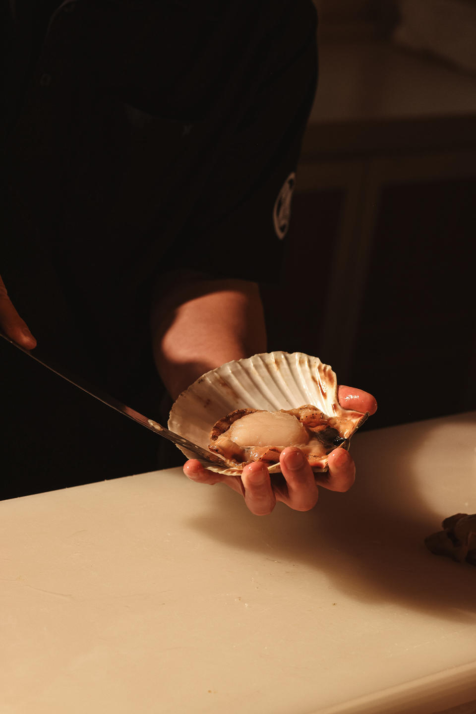 A Scottish scallop being removed from its shell.