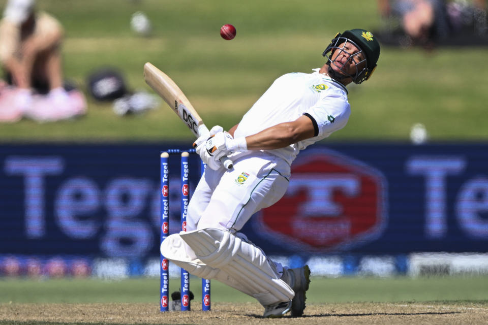 Clyde Fortuin of South Africa evades a bouncer on day three of the first cricket test between New Zealand and South Africa at Bay Oval, Mt Maunganui, New Zealand, Tuesday, Feb. 6, 2024. (Photo: Andrew Cornaga/Photosport via AP)