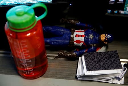 A Captain America action figure is seen on board the USS Harry S. Truman aircraft carrier in the eastern Mediterranean Sea, June 14, 2016. REUTERS/Baz Ratner